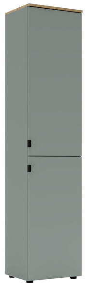 Grauer Büroschrank mit zwei Türen, seitliche Perspektive