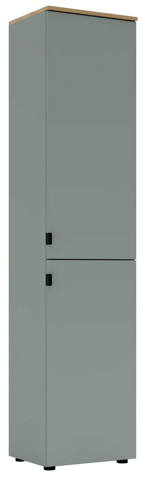 Grauer Büroschrank mit zwei Türen, seitliche Perspektive