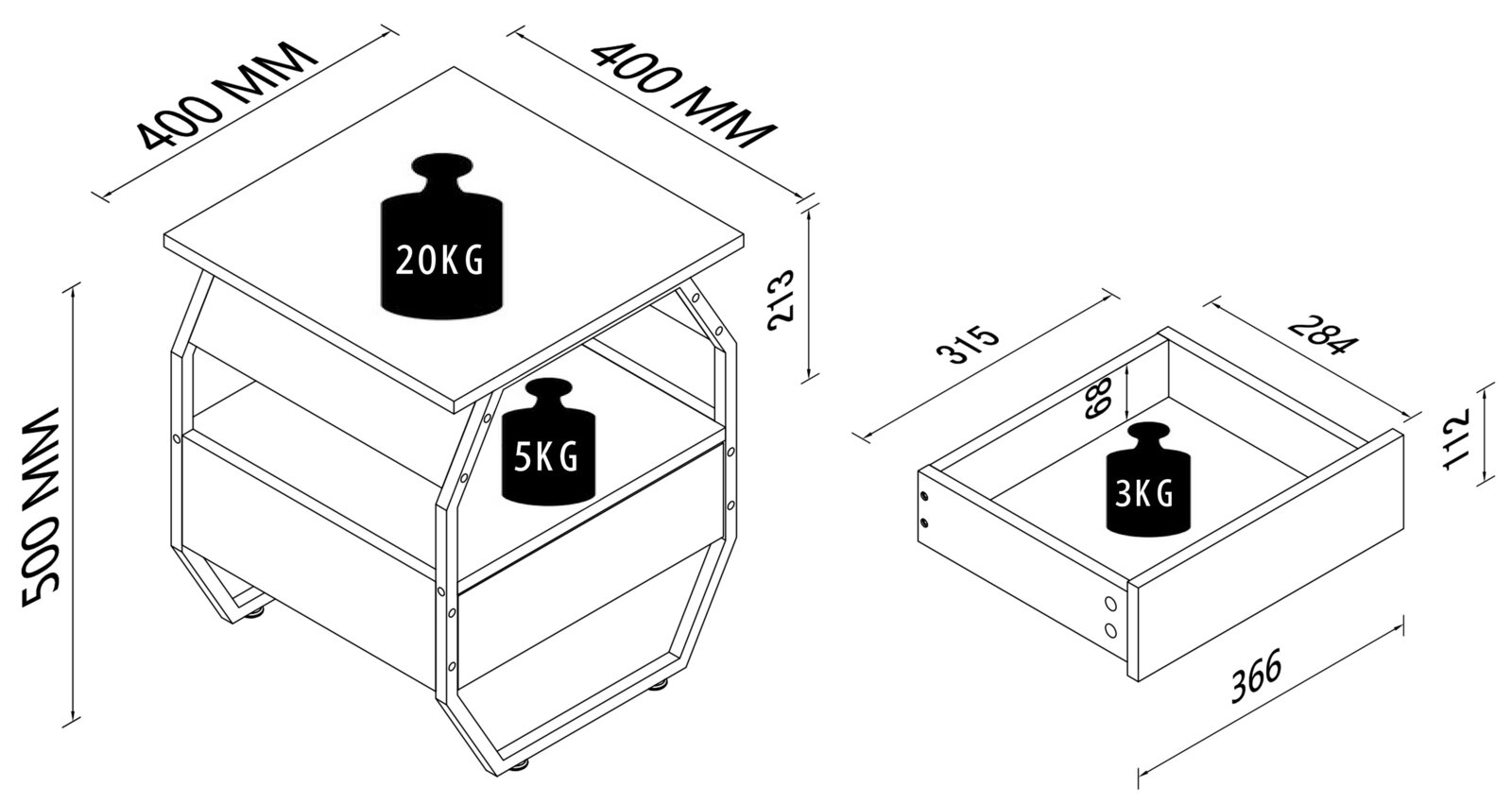 Isometrische Ansicht einer rollbaren Beistelltisch-/Servierwagen-Konstruktion mit quadratischer 400×400‑mm Ablagefläche, 500‑mm Höhe, Zwischenablage und Schublade; Belastbarkeit 20 kg oben, 5 kg Zwischenboden; daneben isometrische Detailansicht der Schubl