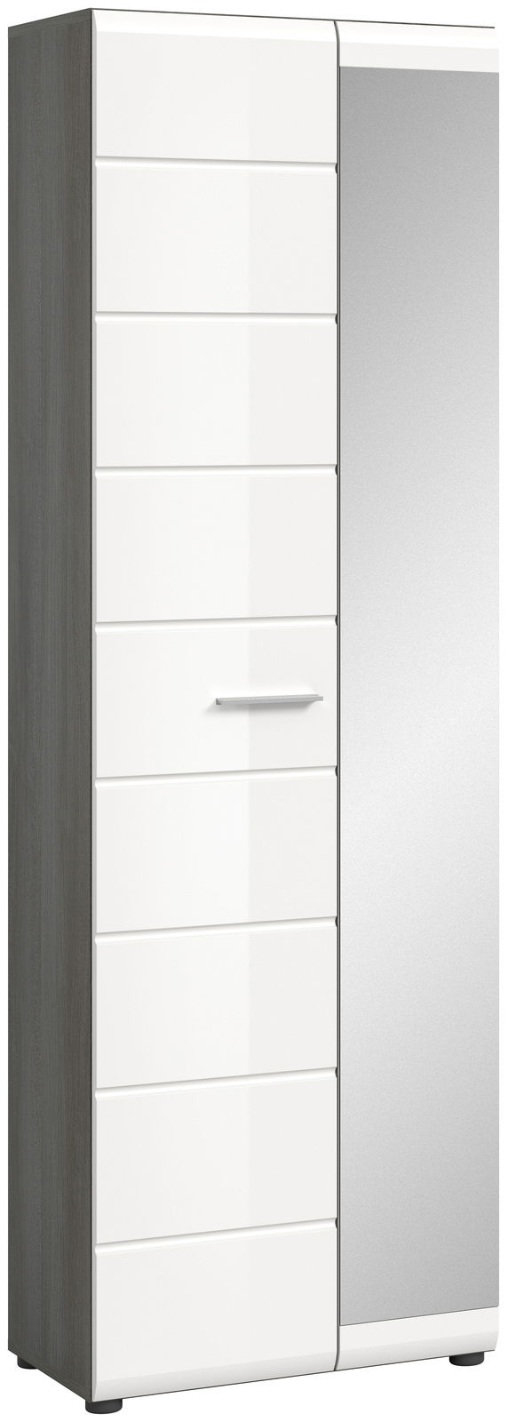 Moderner Garderobenschrank mit weißer Front und Spiegeltür, seitliche Perspektive