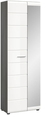 Moderner Garderobenschrank mit weißer Front und Spiegeltür, seitliche Perspektive