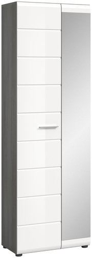 Moderner Garderobenschrank mit weißer Front und Spiegeltür, seitliche Perspektive