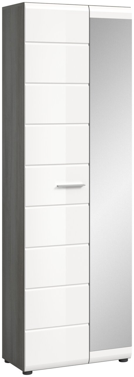 Moderner Garderobenschrank mit weißer Front und Spiegeltür, seitliche Perspektive