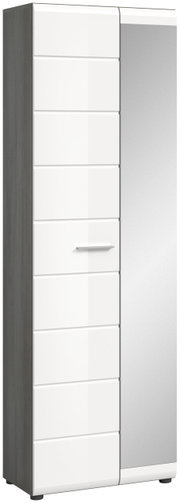 Moderner Garderobenschrank mit weißer Front und Spiegeltür, seitliche Perspektive