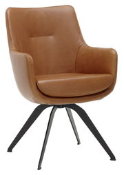 Moderner brauner Ledersessel mit schwarzem Metallgestell, seitliche Perspektive