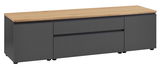 TV-Lowboard in dunklem Grau mit Holzoberfläche, seitliche Perspektive