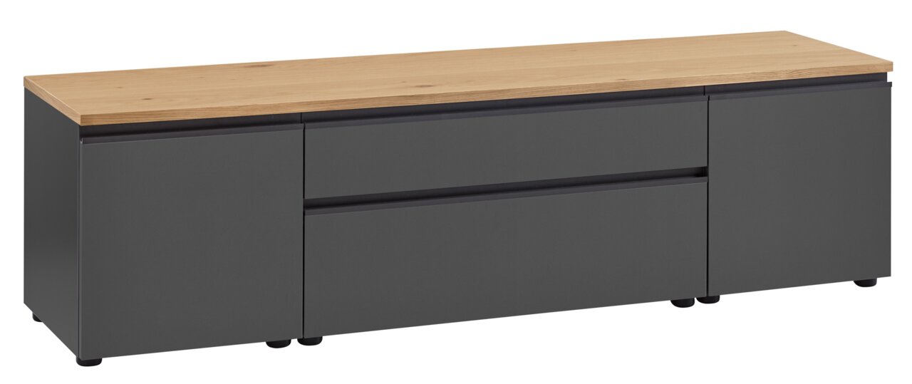 TV-Lowboard in dunklem Grau mit Holzoberfläche, seitliche Perspektive
