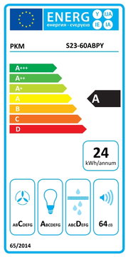 EU-Energielabel für PKM S23-60ABPY mit Effizienzklasse A, Jahresverbrauch 24 kWh/annum und Geräuschpegel 64 dB, frontale Ansicht.