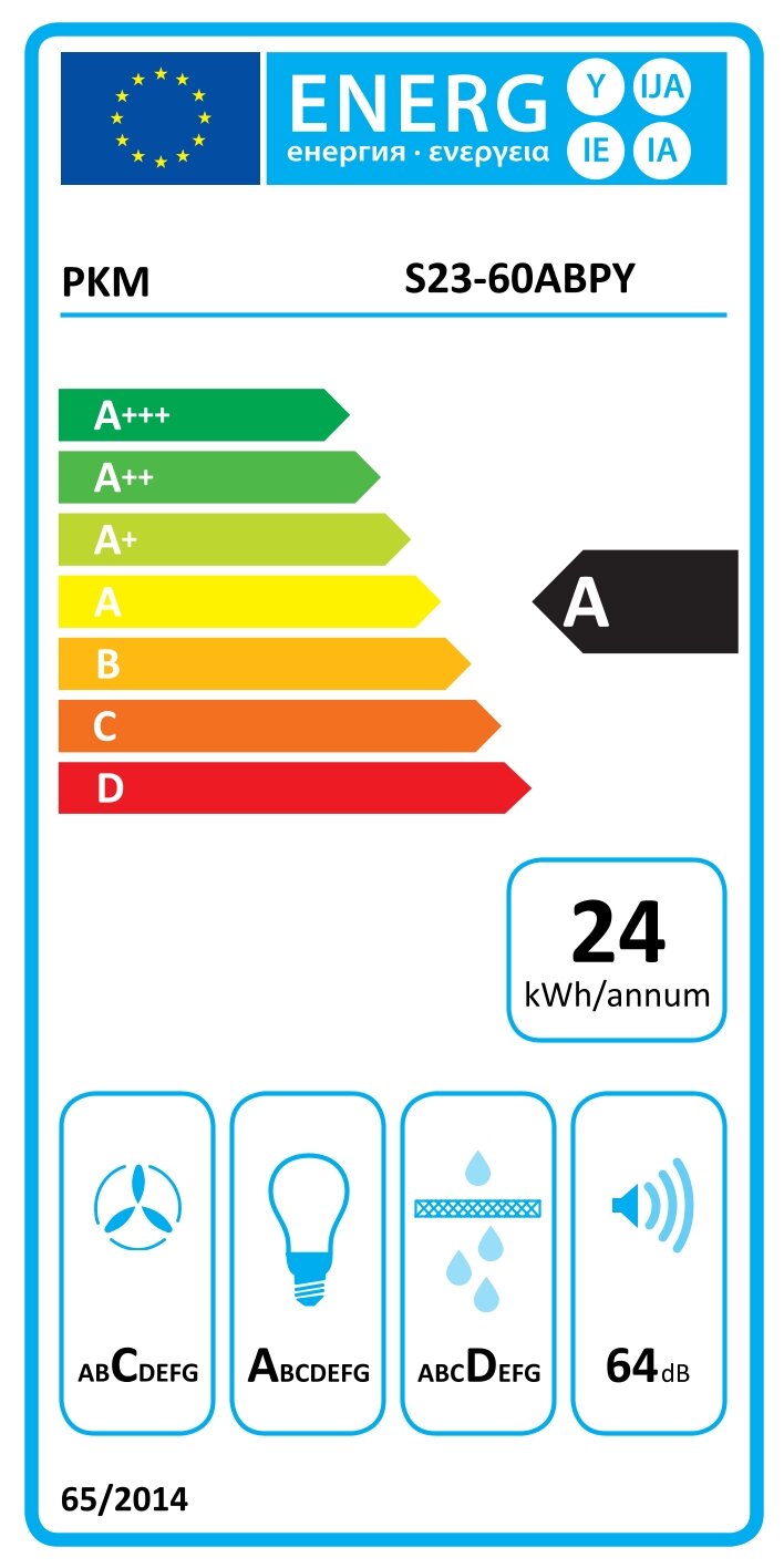 EU-Energielabel für PKM S23-60ABPY mit Effizienzklasse A, Jahresverbrauch 24 kWh/annum und Geräuschpegel 64 dB, frontale Ansicht.