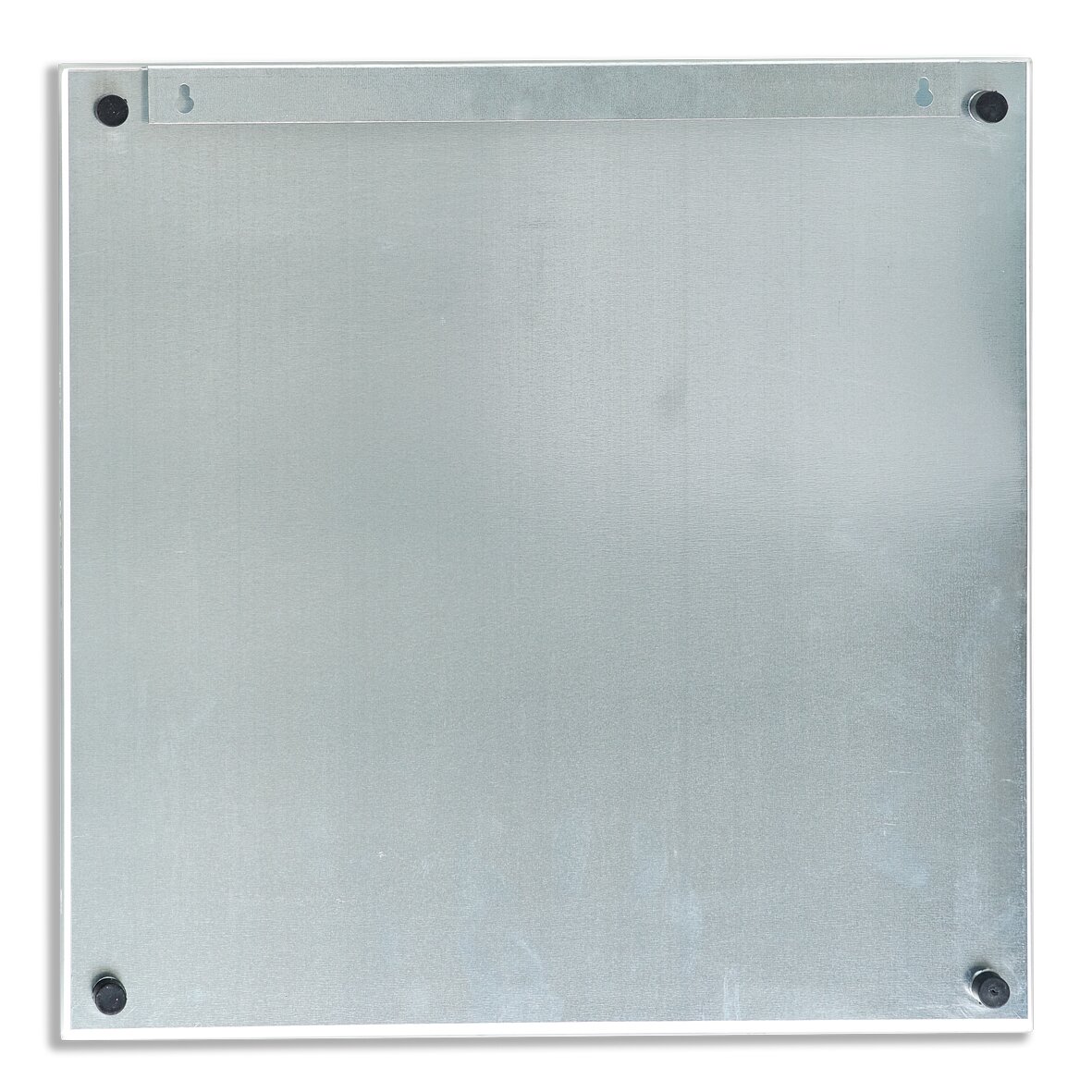 Rückansicht eines quadratischen Memoboards aus Glas mit Metallhalterungen an den Ecken.