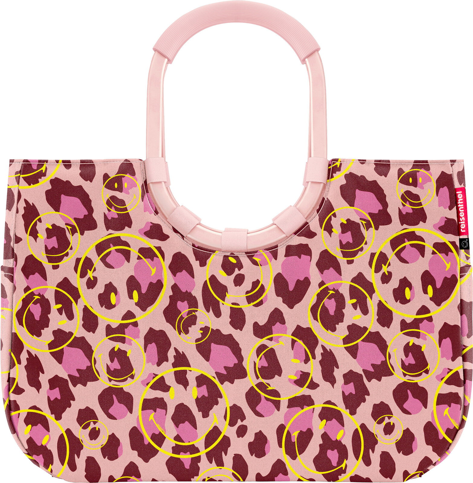 Rosa Handtasche mit Leopardenmuster und gelben Smiley-Prints, mit rundem Tragegriff, frontal von vorne auf weißem Hintergrund abgebildet.