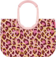 Rosa Handtasche mit Leopardenmuster und gelben Smiley-Prints, mit rundem Tragegriff, frontal von vorne auf weißem Hintergrund abgebildet.