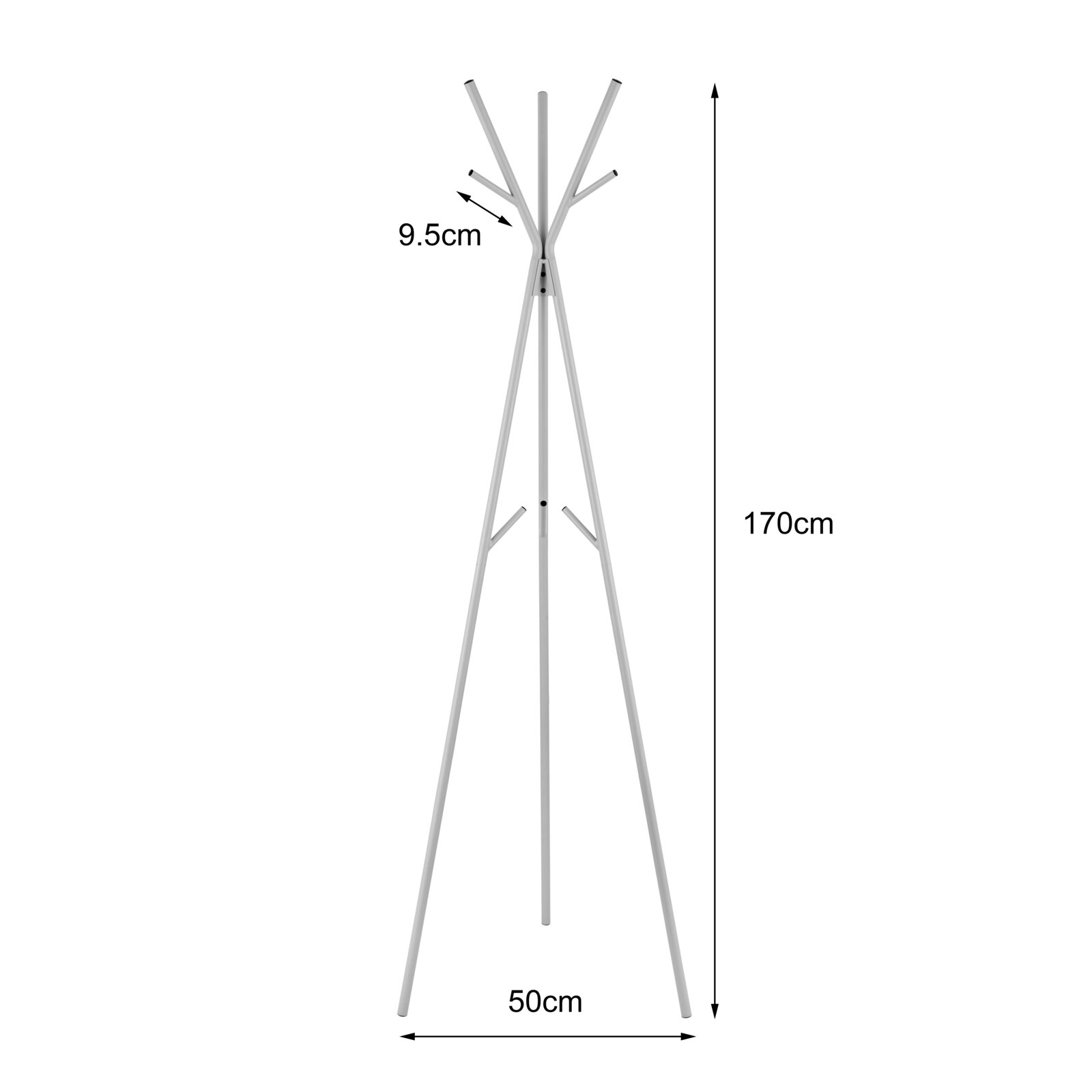 Weißer Standgarderobenständer aus Metall mit mehreren Haken, Maße 170 cm hoch und 50 cm Standbreite, Detailmaß 9,5 cm an den oberen Haken; Frontansicht auf weißem Hintergrund.