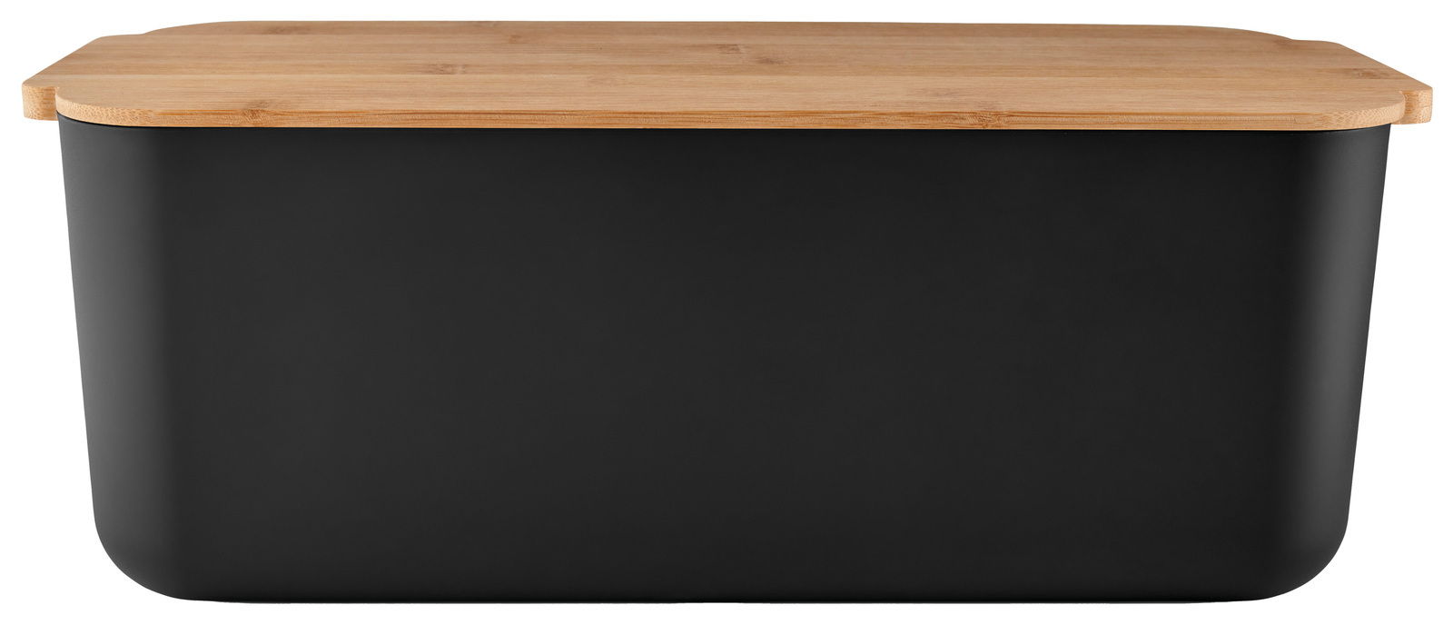 Schwarzer Brotkasten mit Holzdeckel, Vorderansicht