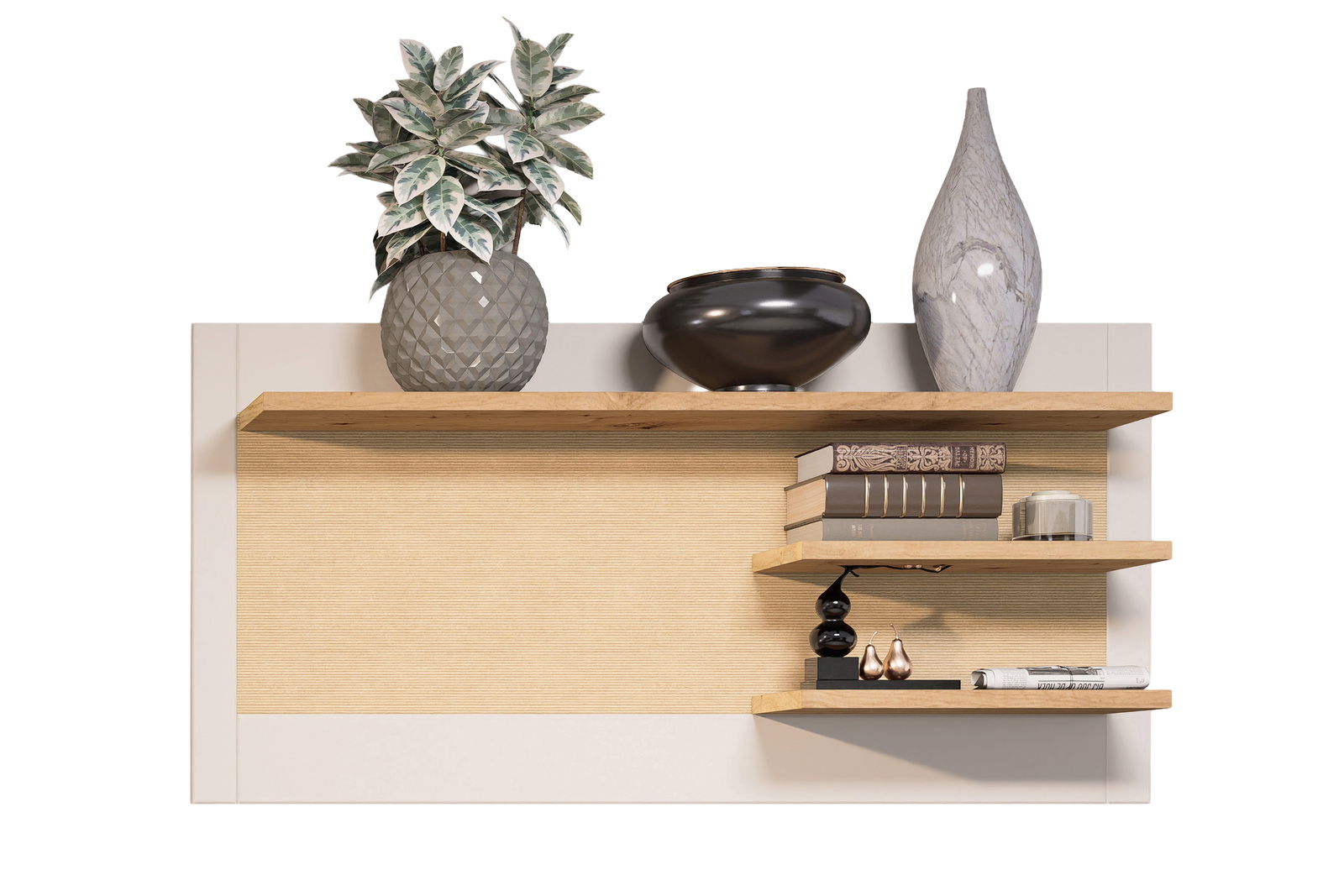 Wandkombination mit zwei Regalböden, dekoriert mit Vasen, Büchern und Pflanzen, aus frontaler Perspektive.