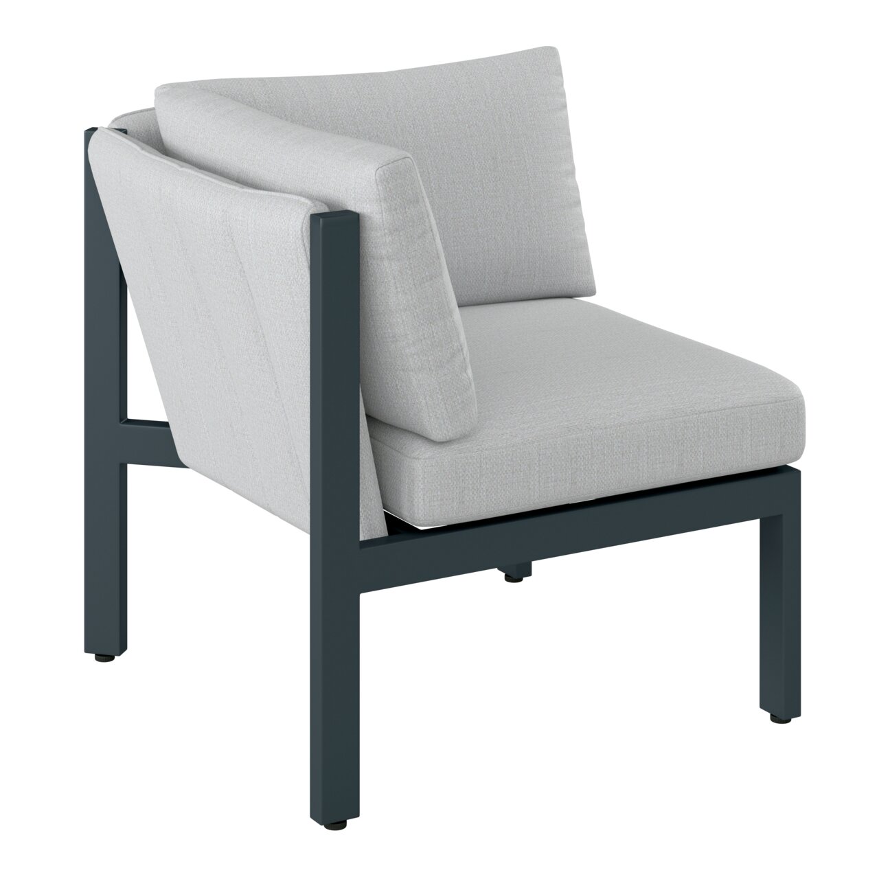 Moderne hoekbank met grijze stoffen bekleding en een donker metalen frame, zijaanzicht