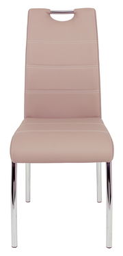 Moderner Stuhl mit beigem Kunstlederbezug und verchromten Beinen, Frontalansicht