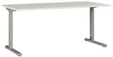 Moderner Schreibtisch mit höhenverstellbarem Metallgestell, seitliche Perspektive