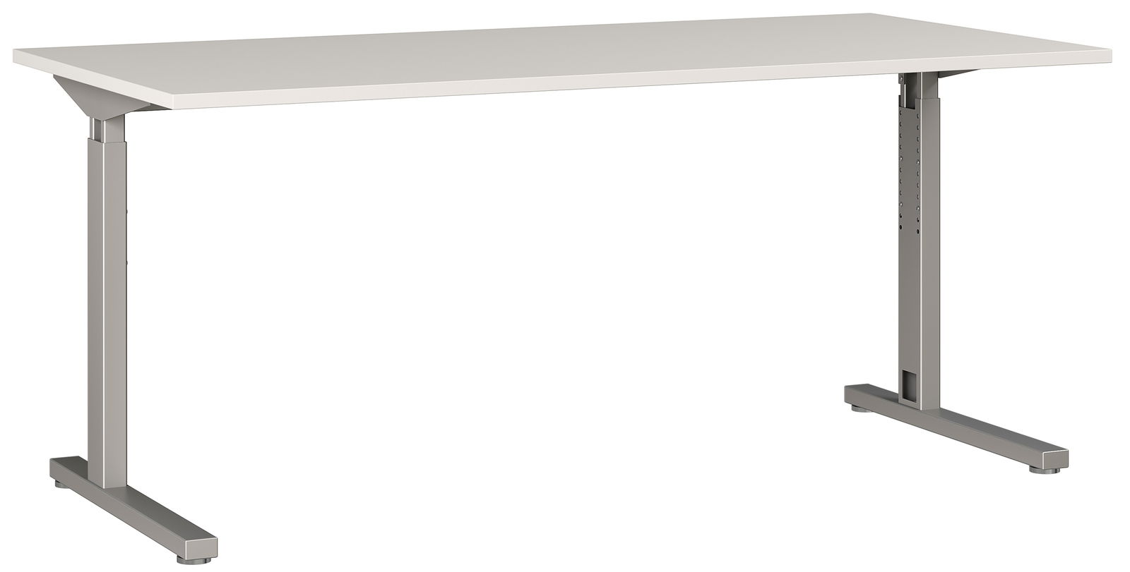 Moderner Schreibtisch mit höhenverstellbarem Metallgestell, seitliche Perspektive