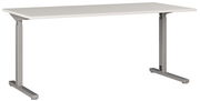 Moderner Schreibtisch mit höhenverstellbarem Metallgestell, seitliche Perspektive