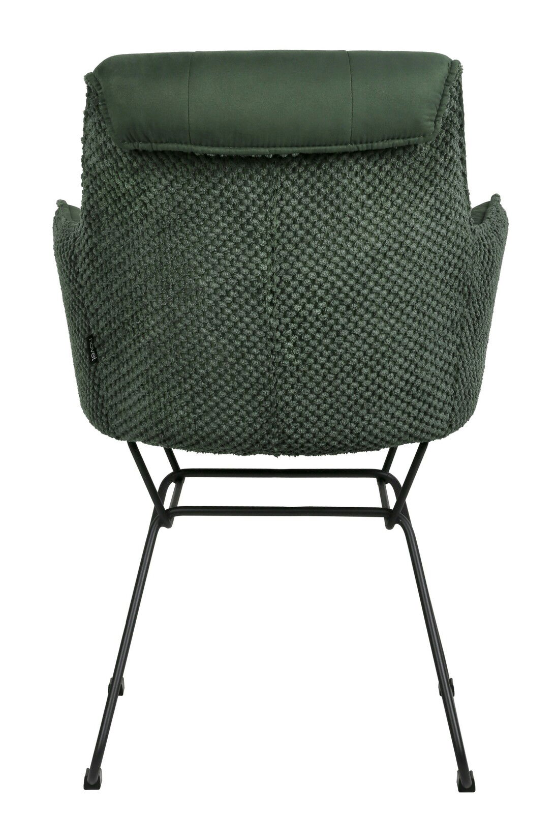 Rückansicht eines grünen Armlehnstuhls mit strukturiertem Stoffbezug und schwarzem Metallgestell.