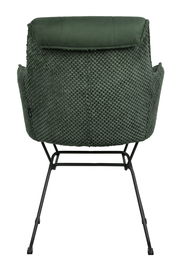 Rückansicht eines grünen Armlehnstuhls mit strukturiertem Stoffbezug und schwarzem Metallgestell.