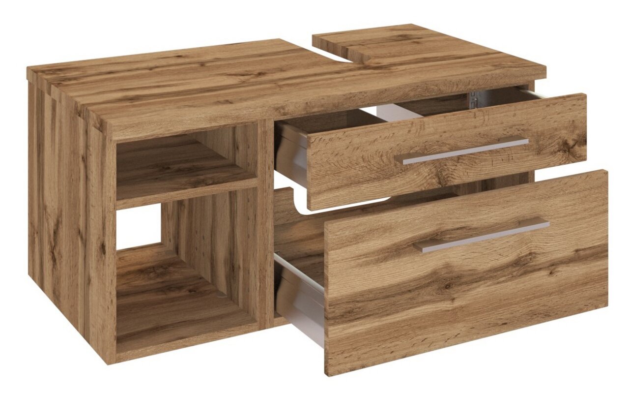 Moderner Waschtischunterschrank aus Holz mit zwei Schubladen und offenem Regal, Perspektive von vorne rechts