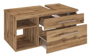Moderne houten wastafelonderkast met twee lades en een open plank, gezien van rechts vooraan