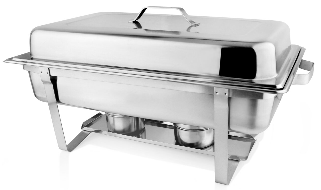 Chafing-Dish aus Edelstahl, seitliche Perspektive, mit Deckel und Brennern darunter.