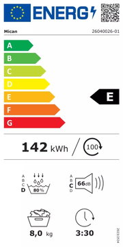 Energieeffizienzlabel für einen Stand-Wärmepumpentrockner, Energieklasse E, jährlicher Energieverbrauch 142 kWh, maximale Beladung 8 kg, Geräuschpegel 66 dB, Trocknungszeit 3 Stunden 30 Minuten, aus der Vorderansicht.