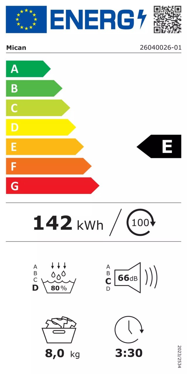 Energieeffizienzlabel für einen Stand-Wärmepumpentrockner, Energieklasse E, jährlicher Energieverbrauch 142 kWh, maximale Beladung 8 kg, Geräuschpegel 66 dB, Trocknungszeit 3 Stunden 30 Minuten, aus der Vorderansicht.