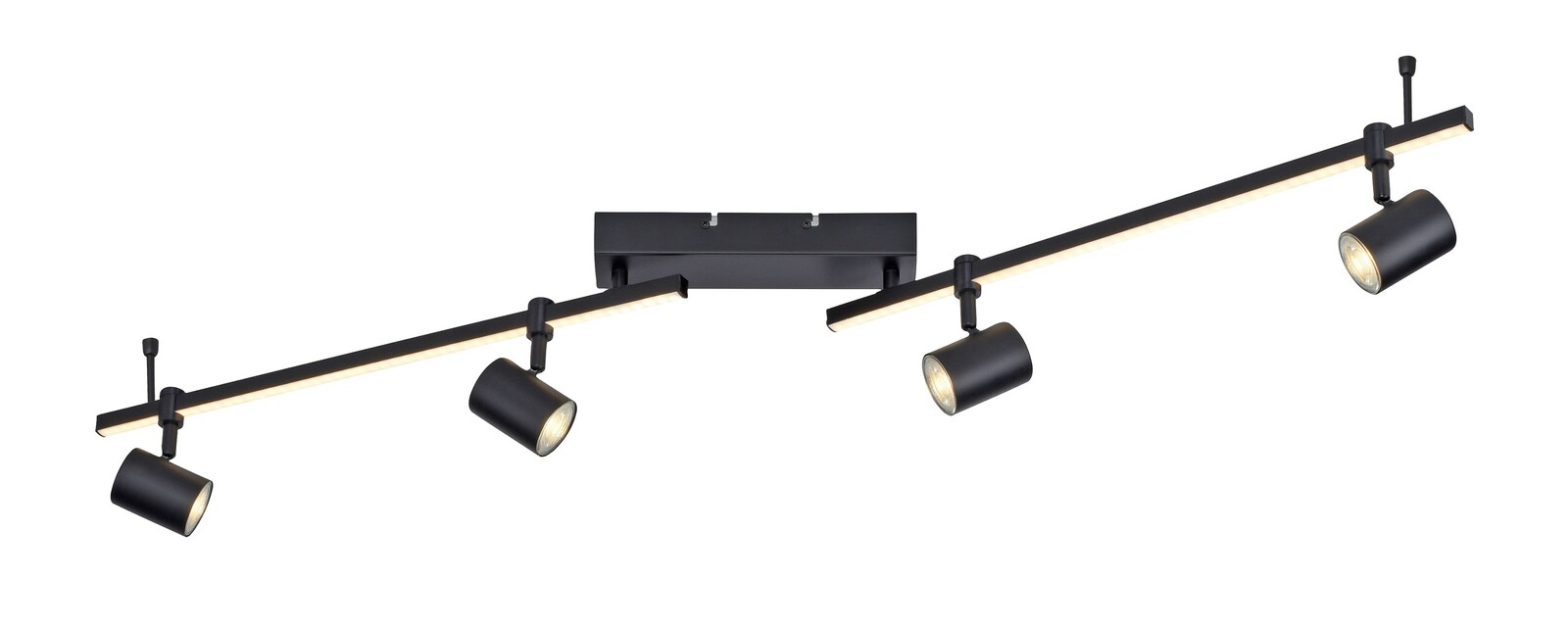 Moderne schwarze Wand- und Deckenleuchte mit drei verstellbaren Strahlern, seitliche Perspektive