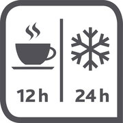 Symbolbild einer Isolierkanne mit einer Tasse und Schneeflocke, die 12 Stunden heiße und 24 Stunden kalte Getränke anzeigt, frontal betrachtet.