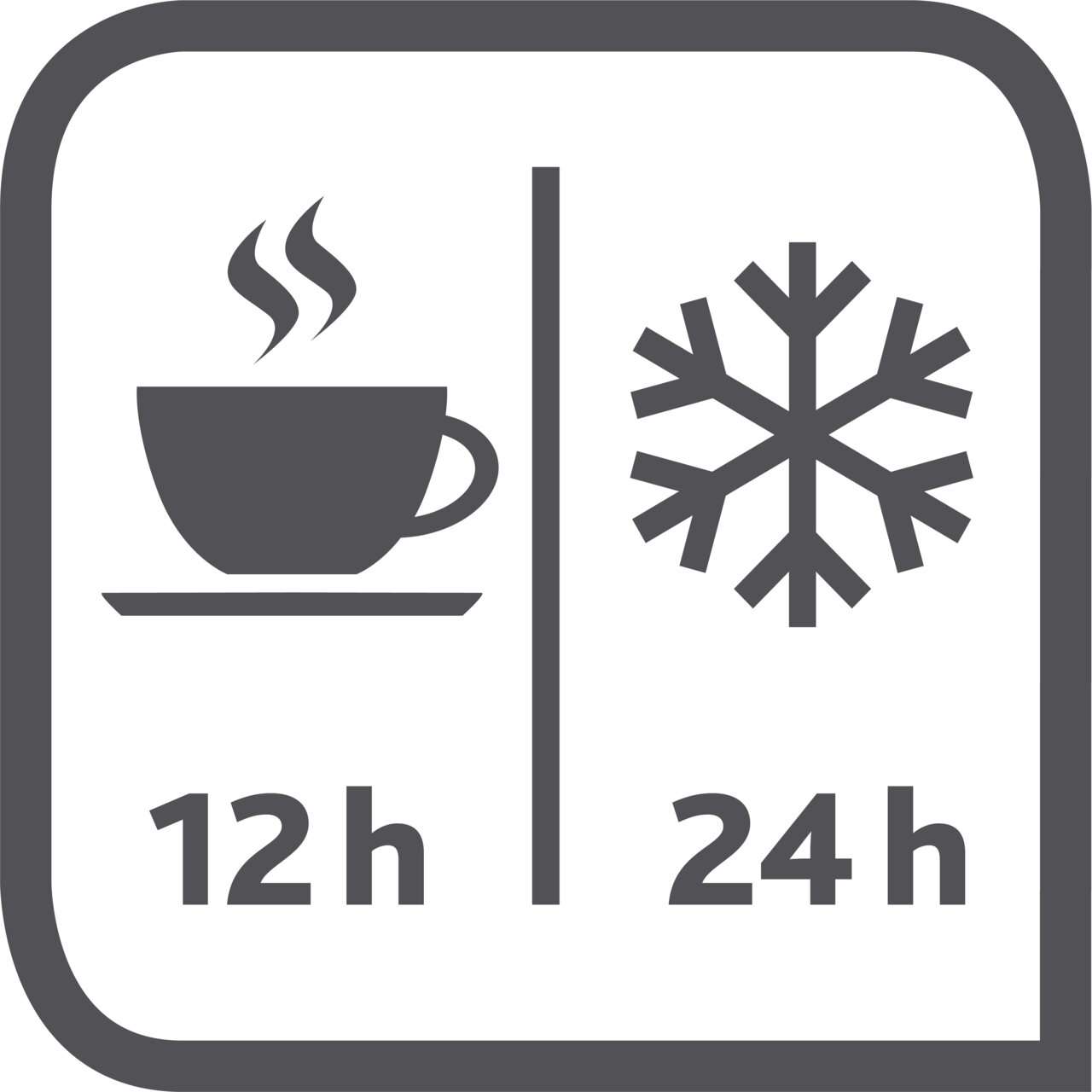 Symbolische afbeelding van een thermoskan met een kopje en een sneeuwvlok, die aangeeft dat dranken 12 uur warm en 24 uur koud blijven, gezien van voren.