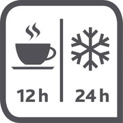 Symbolische afbeelding van een thermoskan met een kopje en een sneeuwvlok, die aangeeft dat dranken 12 uur warm en 24 uur koud blijven, gezien van voren.