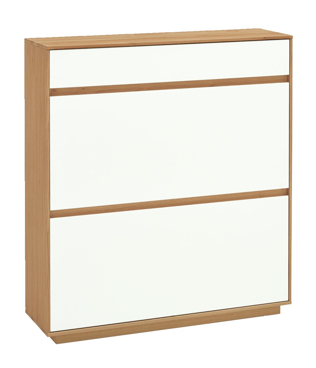 VOSS Schuhschrank V100 Moderner Schuhschrank aus der VOSS Serie V100 in Holzoptik mit weißen Fronten, seitliche Perspektive