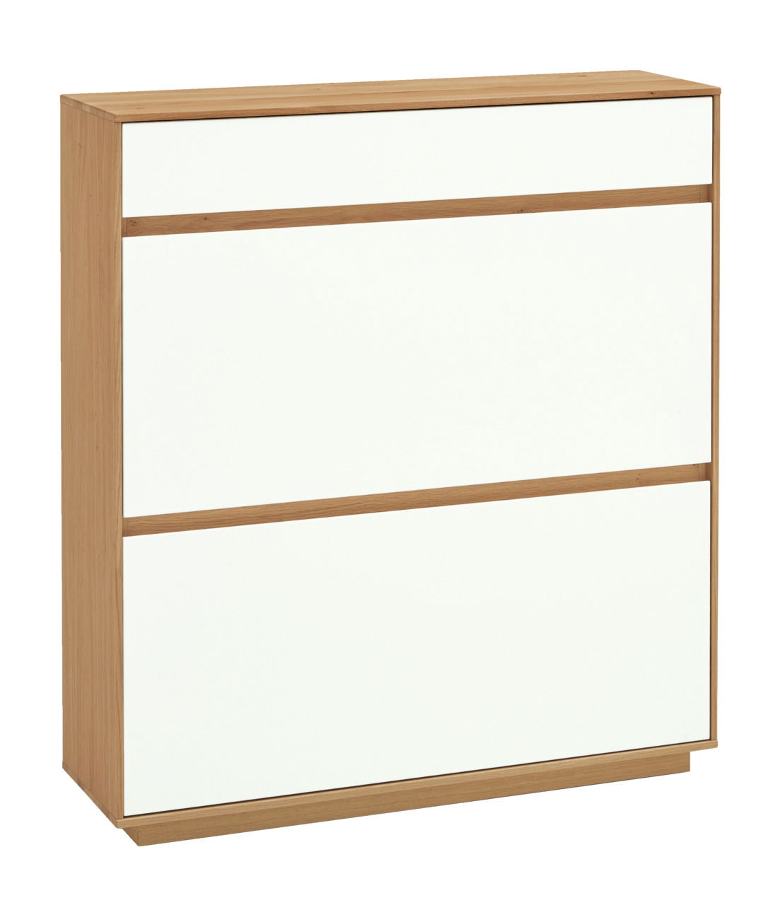 VOSS Schuhschrank V100 Moderner Schuhschrank aus der VOSS Serie V100 in Holzoptik mit weißen Fronten, seitliche Perspektive