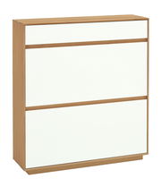 Moderner Schuhschrank aus der VOSS Serie V100 in Holzoptik mit weißen Fronten, seitliche Perspektive