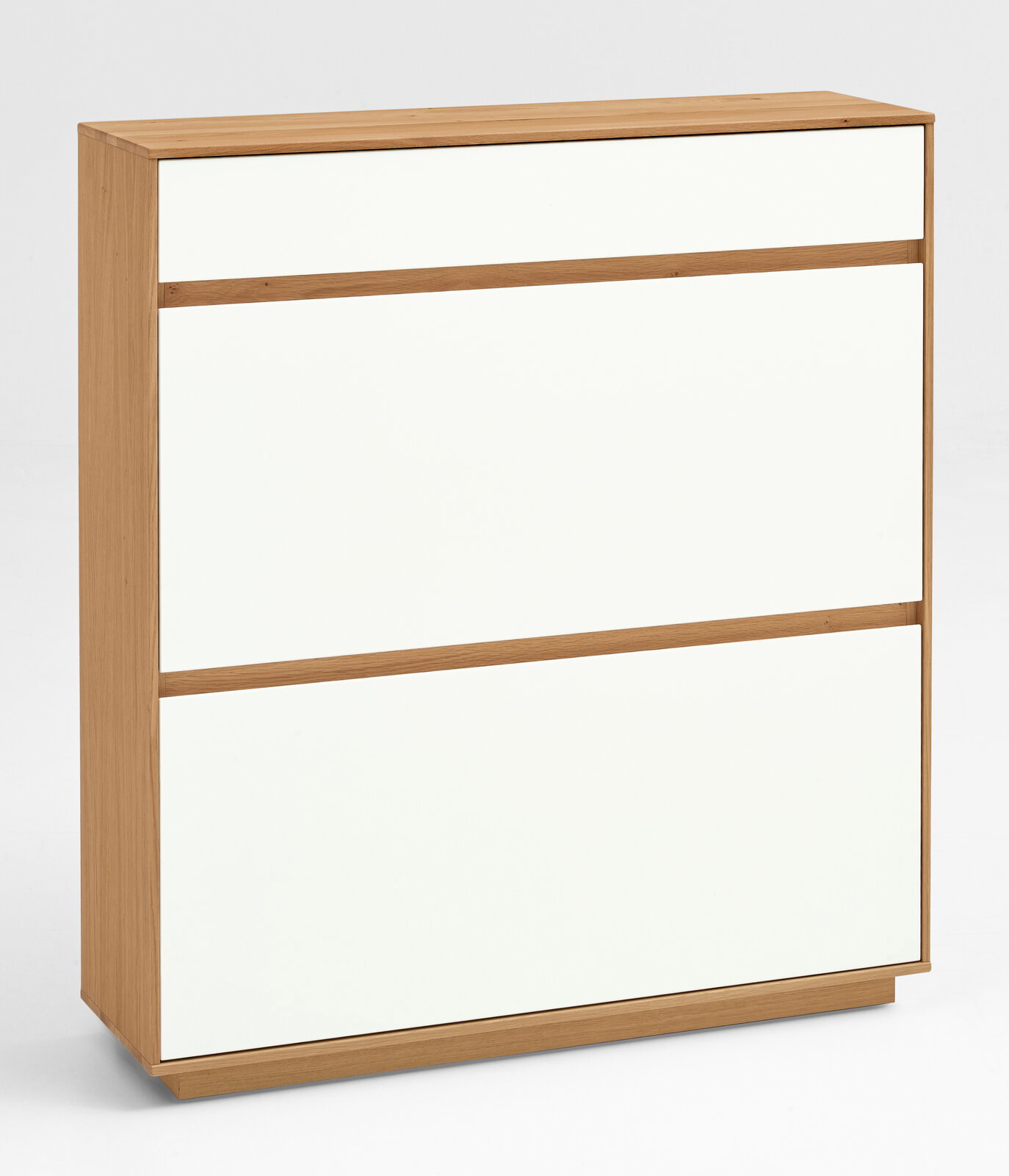 VOSS Schuhschrank V100 Moderner Schuhschrank aus der VOSS Serie V100 in Holzoptik mit weißen Fronten, seitliche Perspektive