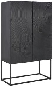 Schwarzes Highboard mit kreisförmiger Textur auf den Türen, seitliche Perspektive