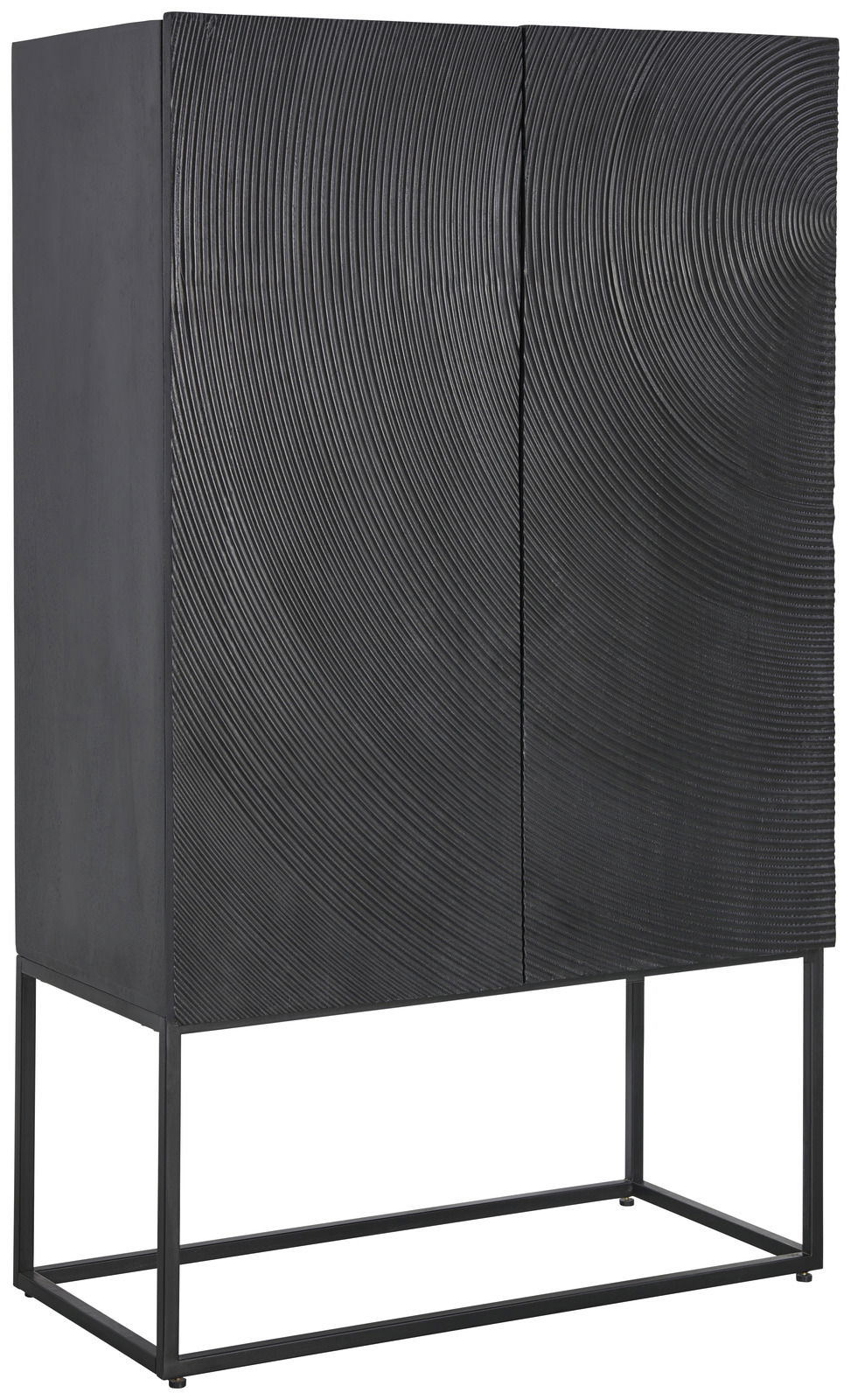 Schwarzes Highboard mit kreisförmiger Textur auf den Türen, seitliche Perspektive