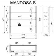 Technische Maßzeichnung des Möbelmoduls „MANDOSA S“ mit Abmessungen und Einlegeböden, dargestellt in Frontansicht sowie Seitenansicht und Draufsicht.