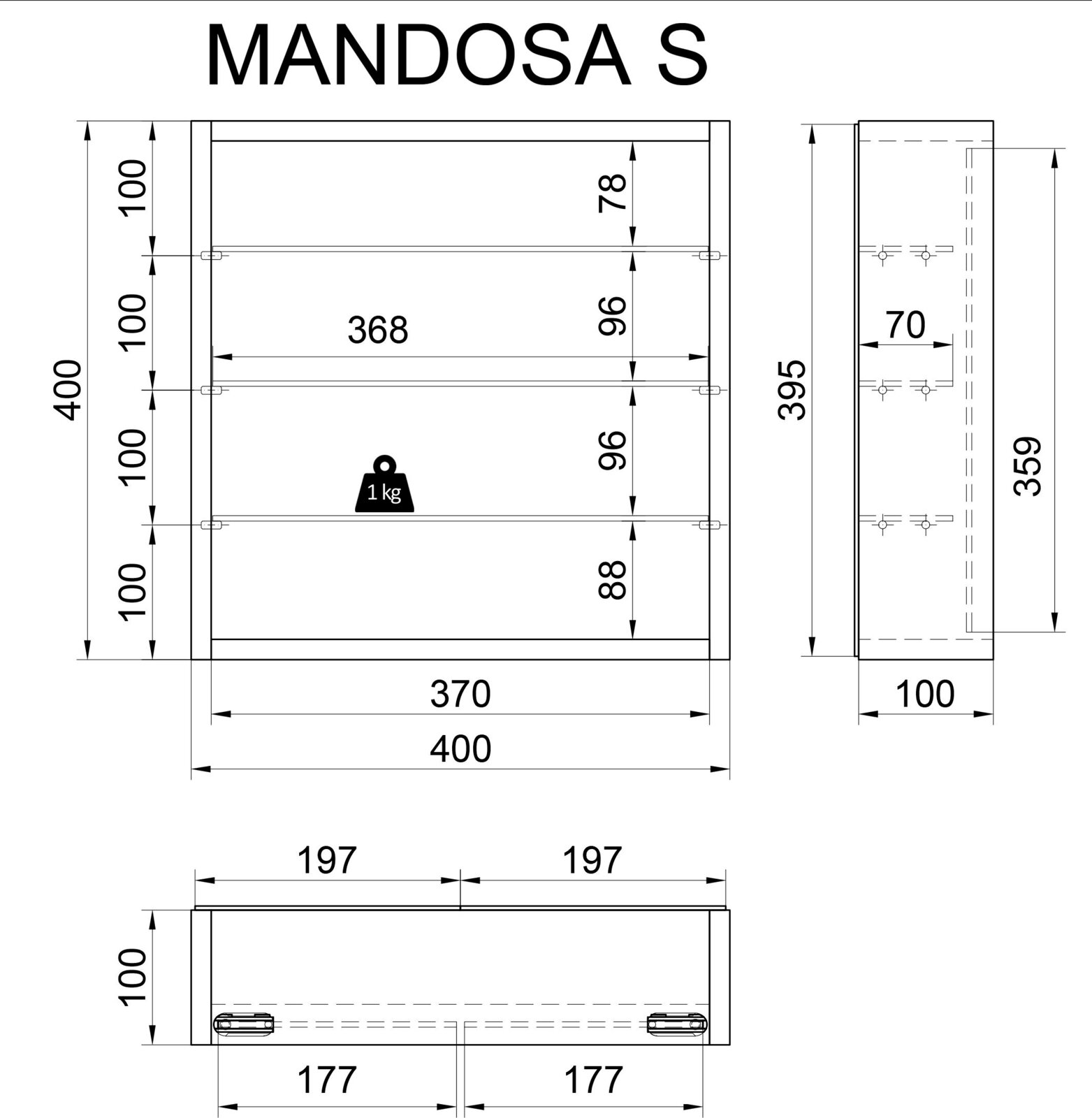 Technische Maßzeichnung des Möbelmoduls „MANDOSA S“ mit Abmessungen und Einlegeböden, dargestellt in Frontansicht sowie Seitenansicht und Draufsicht.