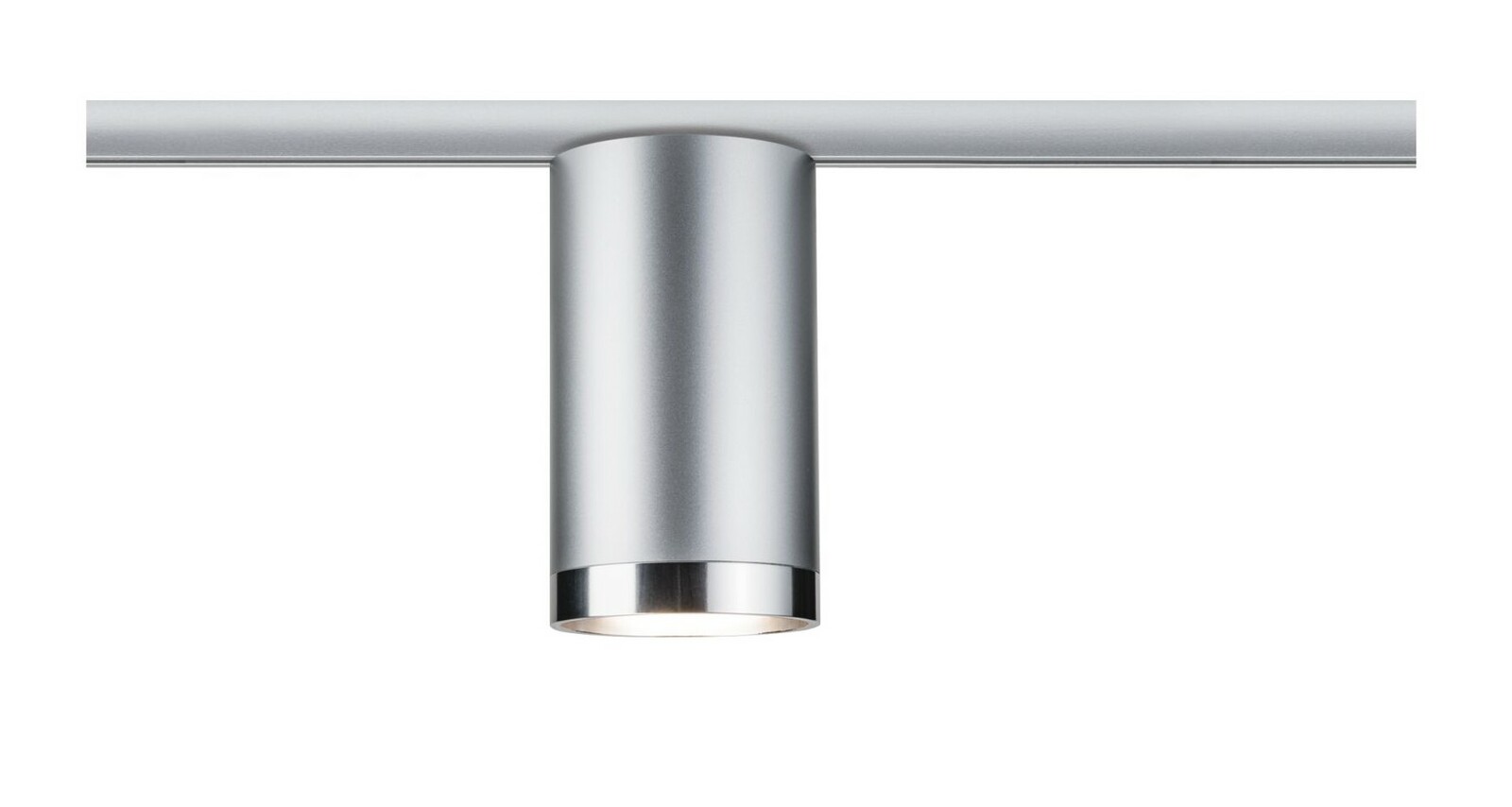 Silberner zylindrischer Schienenspot Tube, frontal von unten betrachtet, montiert an einer Schiene.