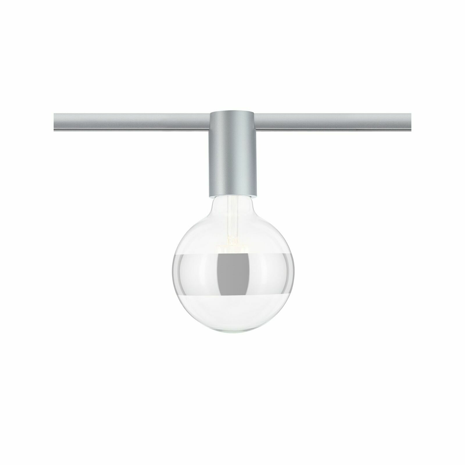 Silberne Deckenfassung mit klarer Glühbirne, seitliche Perspektive