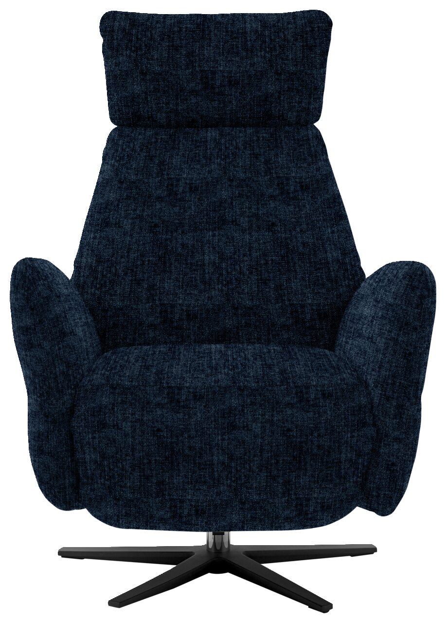 Frontansicht eines dunkelblauen Relaxsessels mit hoher Rückenlehne und schwarzem Drehfuß.