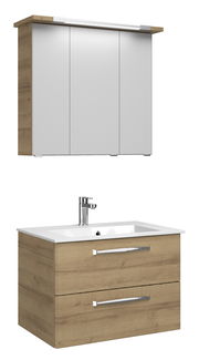 Badezimmermöbel-Set mit Holzoptik, bestehend aus einem Spiegelschrank und einem Waschtisch mit zwei Schubladen, Frontalansicht