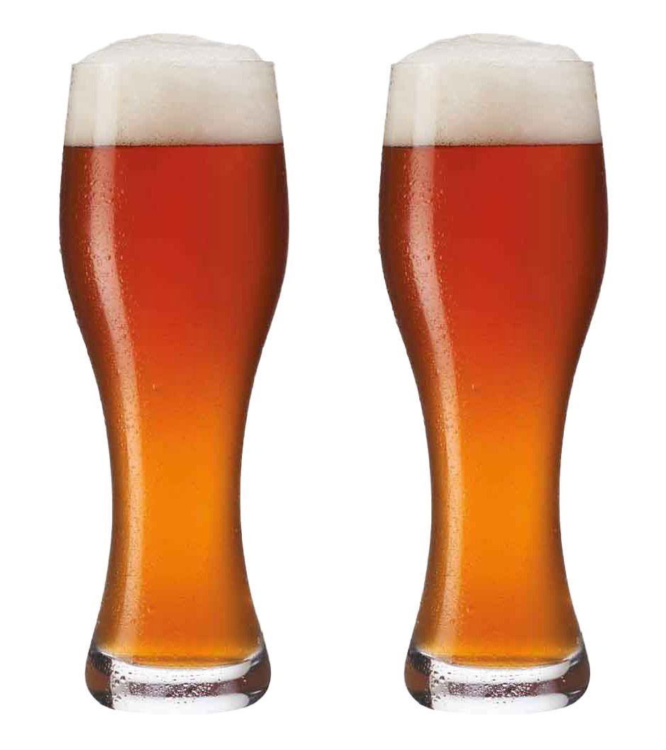 Zwei Weizenbiergläser mit bernsteinfarbenem Bier und Schaumkrone, frontal betrachtet.