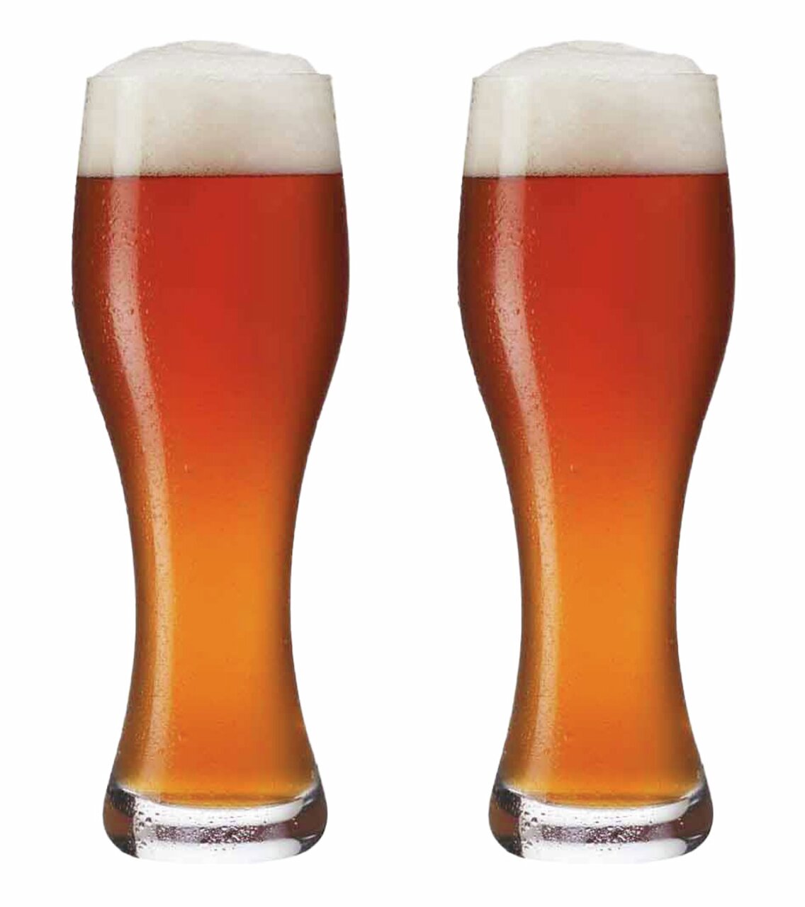 Zwei Weizenbiergläser mit bernsteinfarbenem Bier und Schaumkrone, frontal betrachtet.