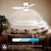 Weißer Deckenventilator mit integrierter Beleuchtung und drei einstellbaren Geschwindigkeitsstufen, aus leichter Untersicht in einem modernen Wohnzimmer gezeigt